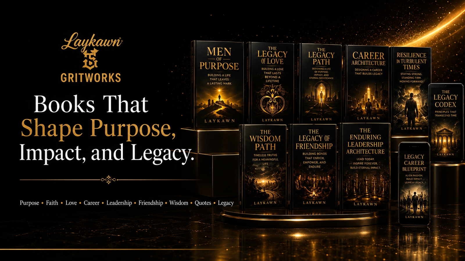 A collection of published leadership and career books by Laykawn Gritworks Limited, including The Legacy Path and Career Architecture.